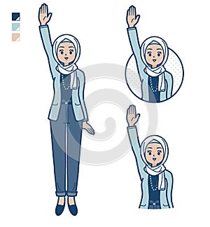 An arabic woman in casual fashion with raise hand images