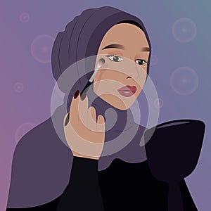 Arabic woman in hijab put makeup from UAE, elegant beautiful muslim girl, beauti cosmetic vector illustration