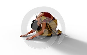 Arabic woman is kneeling and hands on the floor