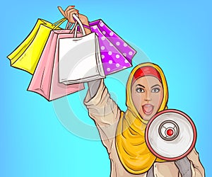 Arabic woman with loud speaker and shopping bags