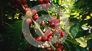 Arabica coffee beans cherries ripe on branch in coffee plantation Thailand