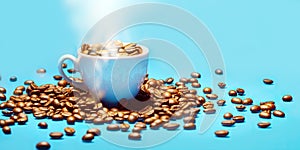 Arabica coffee beans in cup with steam on bright blue background