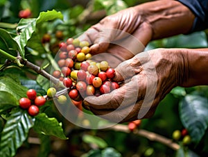 arabica coffee berries with agriculturist handsRobusta and arabica coffee berries with agriculturist hands