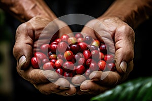 arabica coffee berries with agriculturist handsRobusta and arabica coffee berries with agriculturist hands