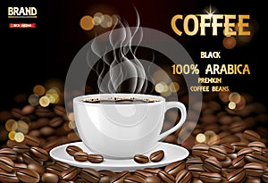 Arabica coffee cup with smoke and beans ads. 3d illustration of hot arabica coffee mug. Product package design