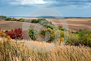 Arable fields where agricultural machinery works, top view of the autumn landscape