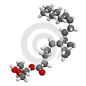 2-Arachidonoylglycerol (2-AG) endocannabinoid neurotransmitter molecule. 3D rendering. Atoms are represented as spheres with photo