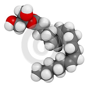 2-Arachidonoylglycerol (2-AG) endocannabinoid neurotransmitter molecule. 3D rendering. Atoms are represented as spheres with photo