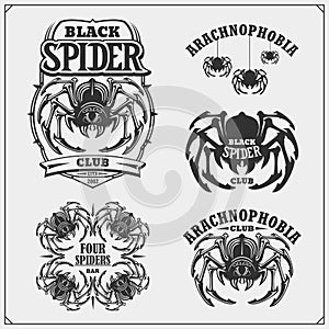 Arachnophobia club emblems. Night dance club, sport team design. Scary spooky spider. Print design for t-shirt.