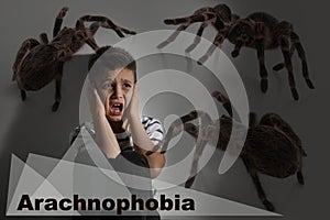 Arachnophobia concept. Double exposure of scared boy and spiders