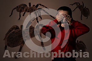 Arachnophobia concept. Double exposure of scared boy and spiders