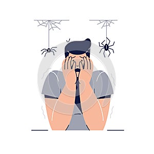 Arachnophobia, Fear of Spiders concept. Scared Frightened Man Character with hands on the face is afraid of Spiders