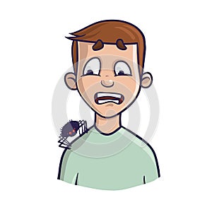 Arachnophobia. The fear of spiders and other arachnids. A frightened man and the spider on his shoulder. Vector