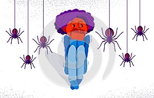 Arachnophobia fear of spiders vector illustration, boy surrounded by spiders scared in panic attack, psychology mental health