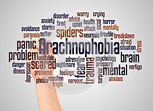 Arachnophobia fear of spiders word cloud and hand with marker concept