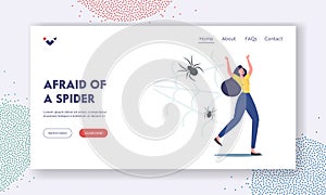 Arachnophobia Psychological Problem, Panic Landing Page Template. Scared Yelling Woman Run Away from Creepy Spider