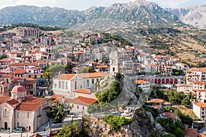 Arachova Greece mountain town aerial drone view, Boeotia. Tourist resort