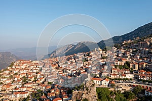 Arachova Greece mountain town aerial drone view, Boeotia. Tourist resort