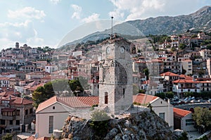 Arachova Greece mountain town aerial drone view, Boeotia. Tourist resort