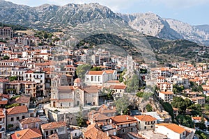 Arachova Greece mountain town aerial drone view, Boeotia. Tourist resort