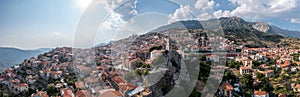 Arachova Greece mountain town aerial panorama, Boeotia. Tourist resort