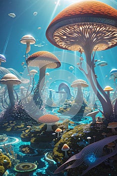 Aract illustration of giant photosynthetic mushrooms.