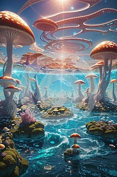 Aract illustration of giant photosynthetic mushrooms.