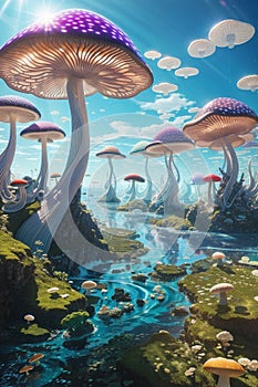 Aract illustration of giant photosynthetic mushrooms.