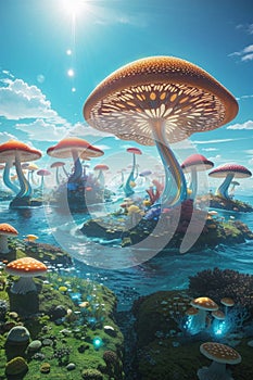 Aract illustration of giant photosynthetic mushrooms.