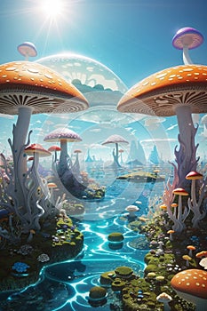 Aract illustration of giant photosynthetic mushrooms.