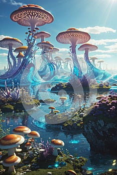 Aract illustration of giant photosynthetic mushrooms.