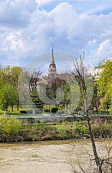 Arad city Romania Red church landmark architecture - view from the pedestrian bridge