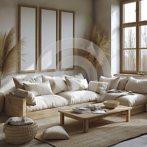 Arafed living room with a couch, coffee table, and pillows, Canvas wall decoration