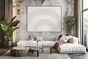 Arafed living room with a large picture frame and a couch, Painting canvas template