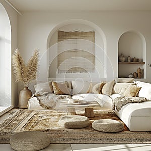 Arafed living room with a white couch and a large window, Interior canvas display