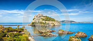 Aragonese Castle is most popular landmark in Tyrrhenian sea near Ischia island, Italy