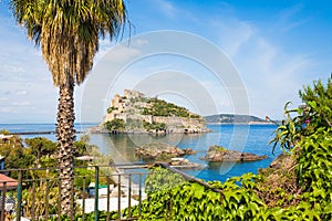 Aragonese Castle is most popular landmark in Tyrrhenian sea near Ischia island, Italy