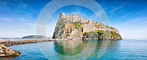 Aragonese Castle is most popular landmark in Tyrrhenian sea near Ischia island, Italy