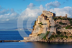 Aragonese castle on sunset, Ischia island, Italy