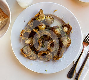 Aragonese Cuisine - fried lamb small iIntestine rings with garlic photo