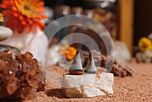 Aragonite Crystal With Incense Cones on Australian Red Sand