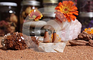 Aragonite Crystal With Incense Cones on Australian Red Sand