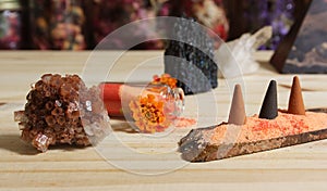 Aragonite Crystal With Incense and Stone Pyramid on Meditation Altar