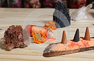 Aragonite Crystal With Incense and Stone Pyramid on Meditation Altar