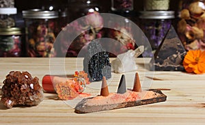 Aragonite Crystal With Incense and Stone Pyramid on Meditation Altar