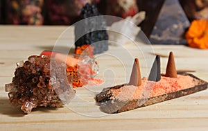 Aragonite Crystal With Incense and Stone Pyramid on Meditation Altar