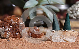Aragonite Crystals With Incense Cones on Australian Red Sand