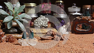 Aragonite Crystals With Incense Cones on Australian Red Sand