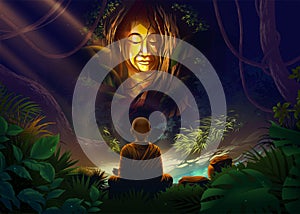 An arahant monk or holy monk is meditating in front of the mystery buddha statue that is covered with dense plants in the