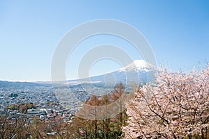 Arakurayama Sengen Park and Fuji Mountain, Shimoyoshida city view with cherry blossoms in Yamanashi, Japan